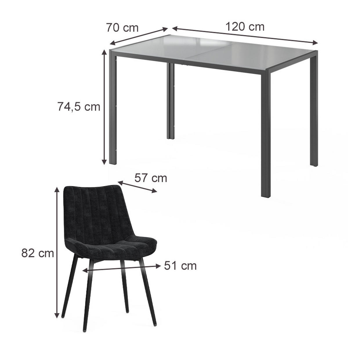 JÍDELNÍ STŮL SESTAVA Grand, Šedá, 120 x 70 cm se 4 židlemi (černé) - šedá, sklo (120/74.5/70cm) - Vicco