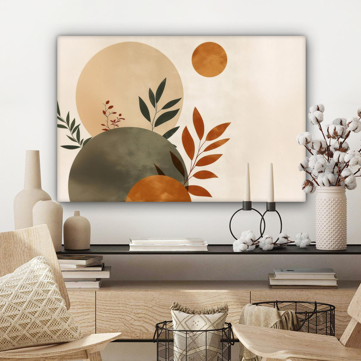 LEINWANDBILD Formen - Rund - Blätter - Beige Gemälde 60x40 cm - Rostfarben, Textil (60/40cm) - MuchoWow