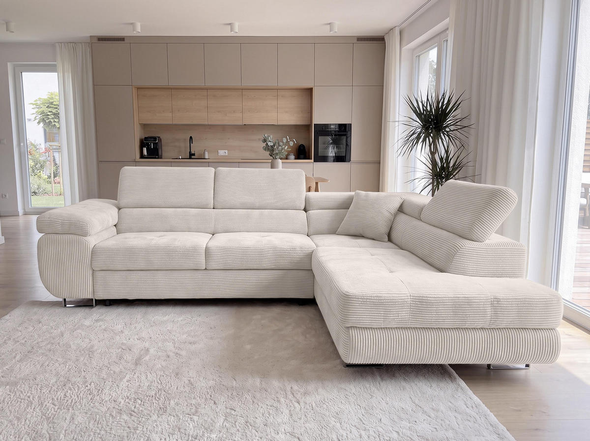 ECKSOFA L Form Konak Cremeweiß 276/201/90 cm Rechts mit Schlaffunktion - Silberfarben/Creme, Textil/Metall (276/203cm) - AX Living