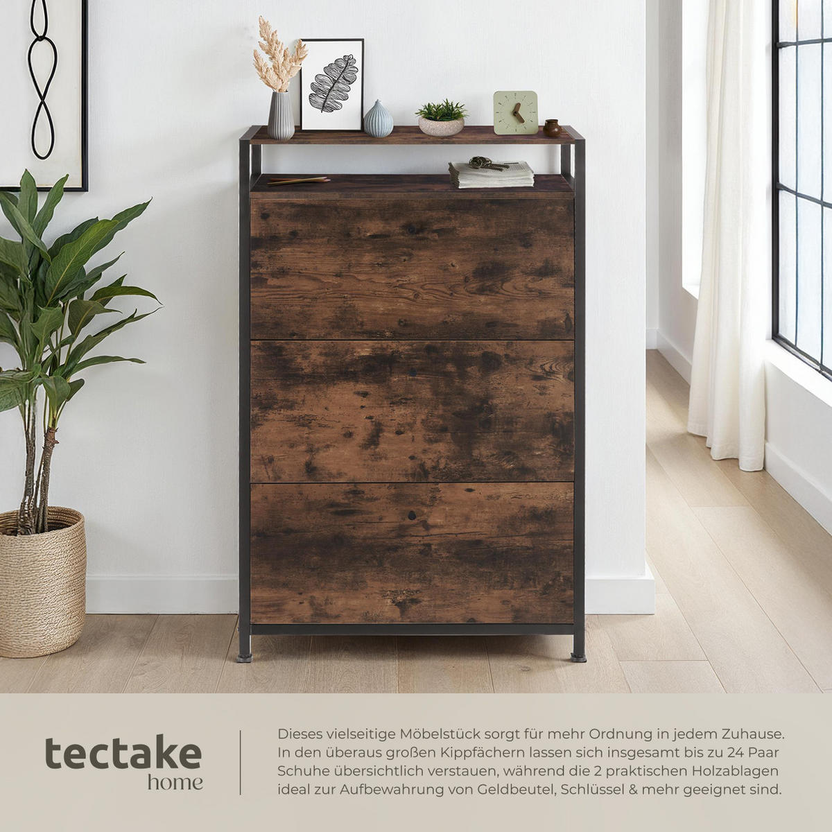 SCHUHSCHRANK Buffalo,inklusive Kippschutz, 81 x 32 x 130 cm,Industrial Holz dunkel, rustikal - Rostfarben, Holzwerkstoff (32/130/81cm) - tectake