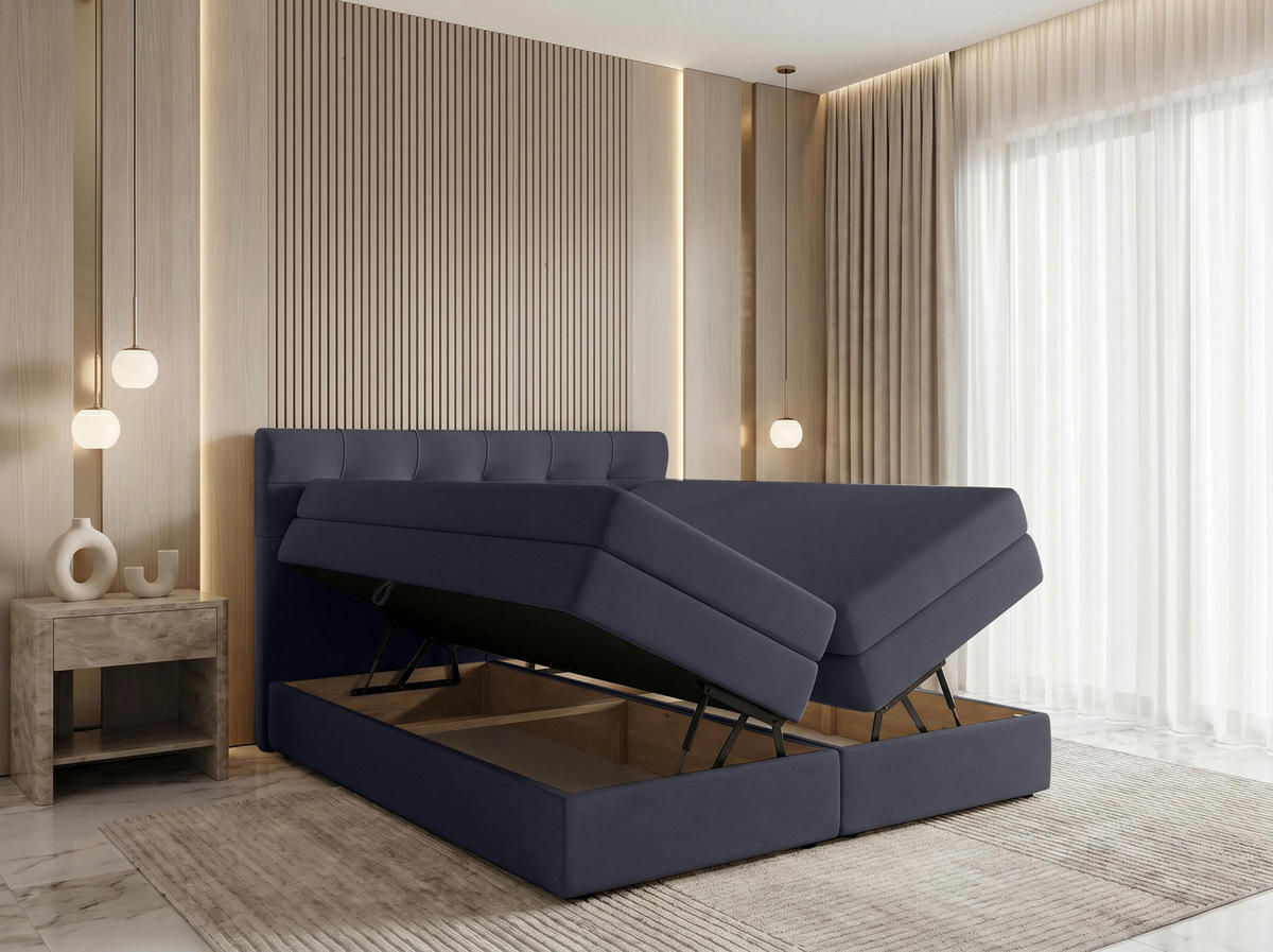 BOXSPRINGBETT FINIKE 160x200 cm mit Bettkasten und 2 Matratzen - Grau + TOPPER - Hellgrau/Schwarz, Holz/Holzwerkstoff (160/200cm) - AX Living