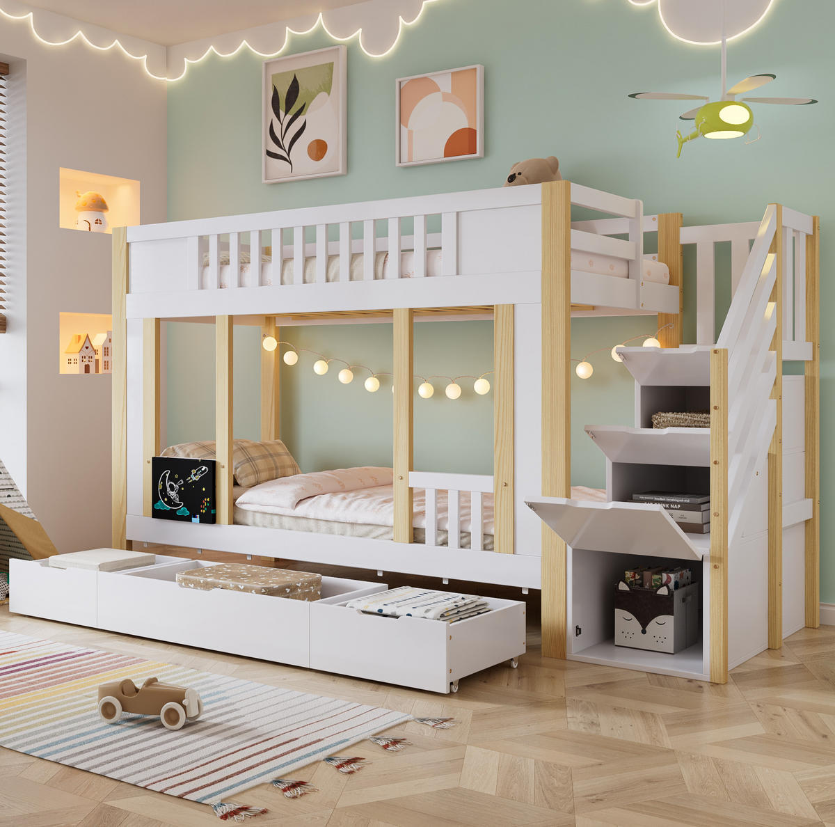 ETAGENBETT 90/200 cm in Weiß/Natur mit Treppenschrank und 3 Schubladen - Weiß, Holzwerkstoff - BEAOK