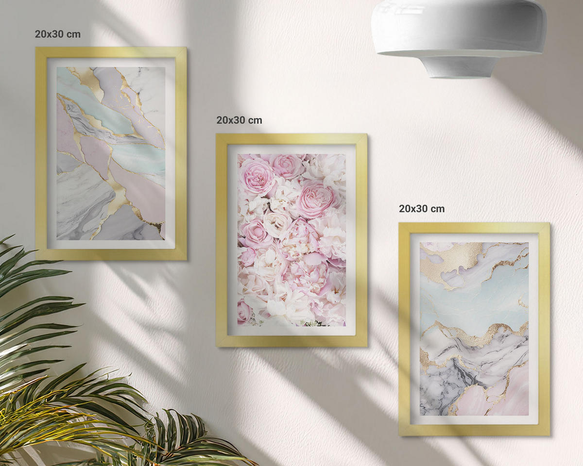 WANDBILDER 3er Set - 20x30 cm Goldrahmen - Rosa Blumen Marmor Pastell - Goldfarben, Kunststoff (20/30cm) - ArtPrintCave
