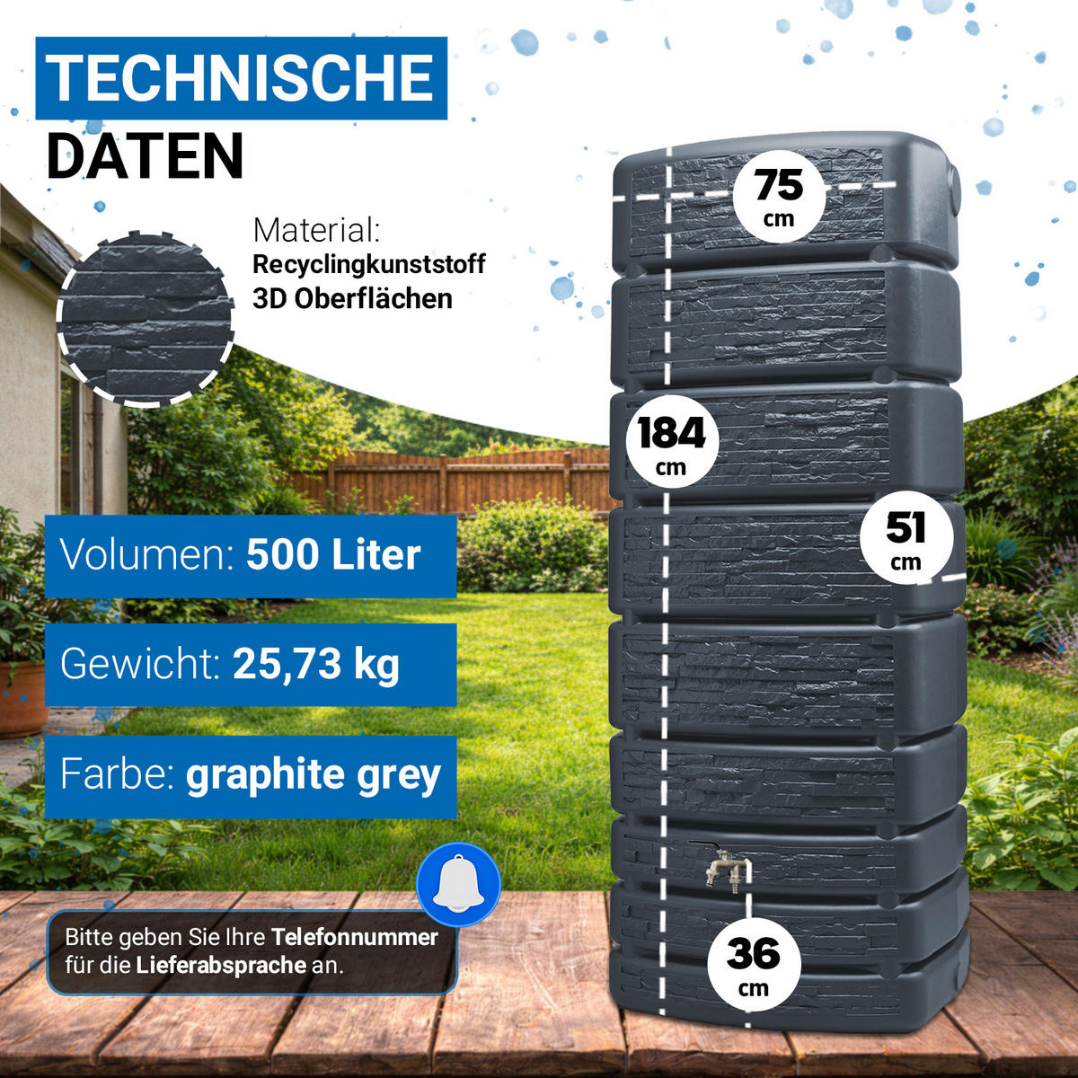 REGENTONNE Wandtank Komplett-Set 500 L, graphite grey inkl. Chrom-Doppelauslaufhahn und Fallrohranschluss - Grau, Kunststoff (75/184/51cm) - 4rain