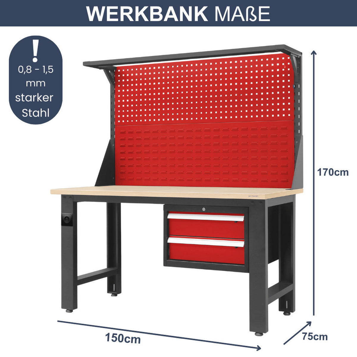 WERKBANK Werkstatt LOGAN 170x150x75cm Anthrazit-Rot Platte Braun - Anthrazit, Metall (150/170/75cm) - Jan Nowak