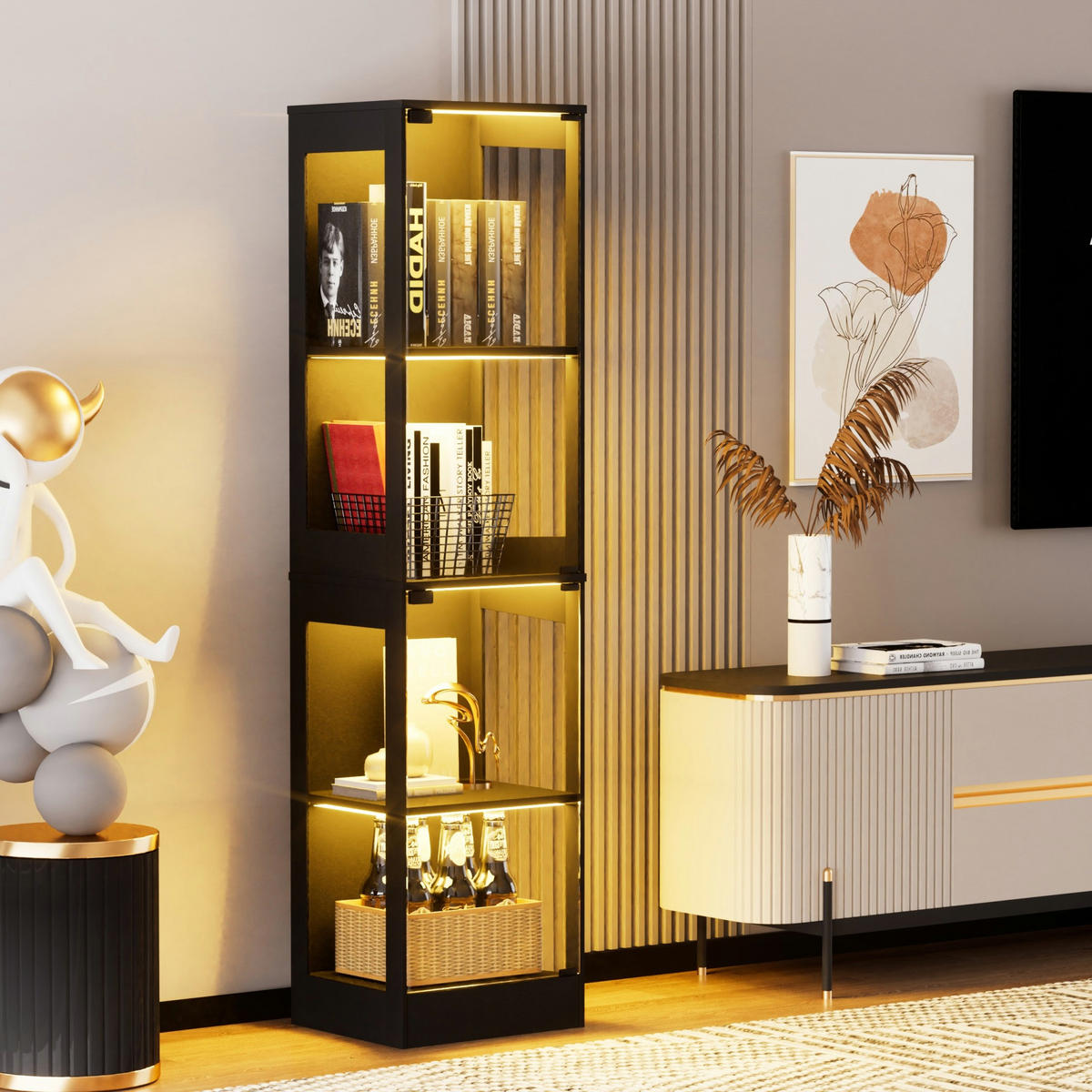 VITRINE 40/35/165 cm in Akaziefarben mit Glastüren und LED-Beleuchtung - Naturfarben, Kunststoff (40/165/35cm) - Flora Grace