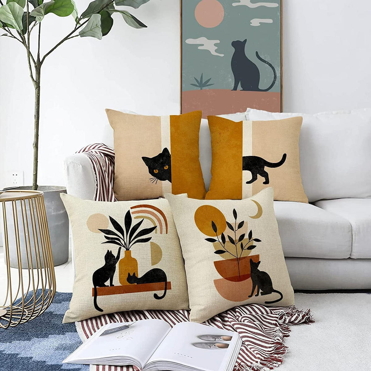 KISSENHÜLLE 4er Set, Abstrakt Sonne Natur, Boho, Leinen, 45x45cm - Beige, Textil (45/45cm) - Weltevree