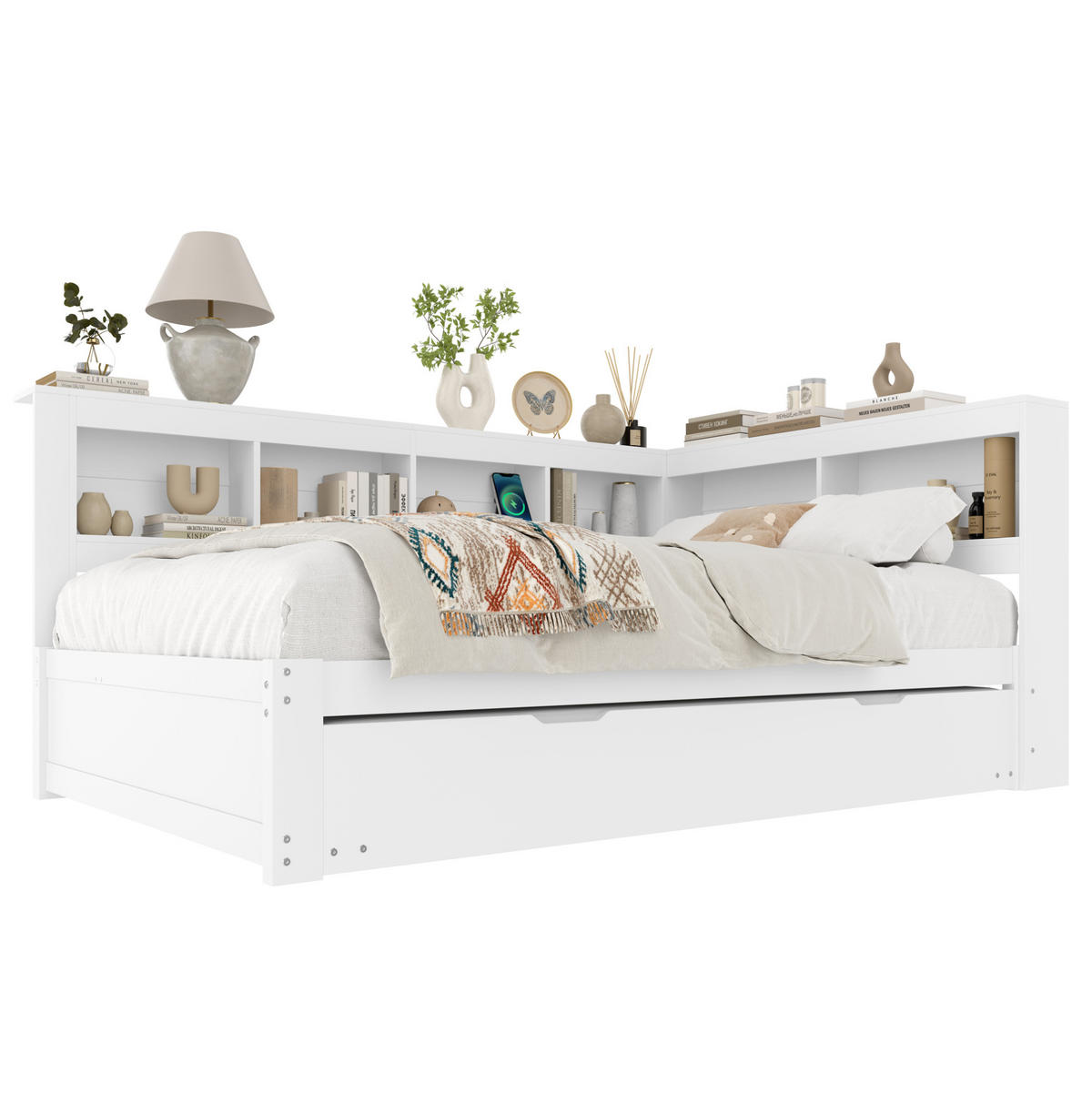 MULTIFUNKTIONSBETT 140/200 cm Weiß mit ausziehbarem Bett und USB-Anschlüssen - Weiß, Holz (140/200cm) - OKWISH