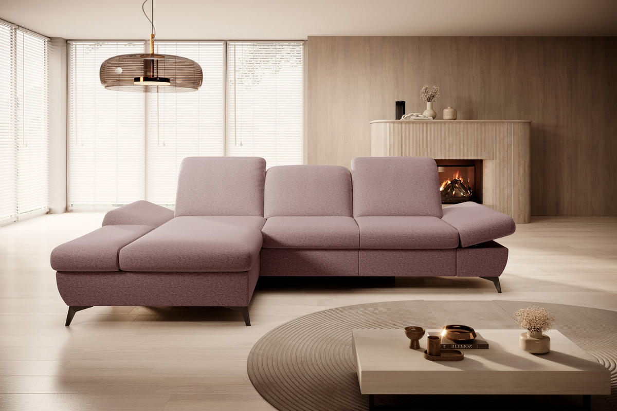 ECKSOFA FELICE L-S Rosa Geflochtener Stoff mit Schlaffunktion - Rosa, Holz (284/166cm) - MASSENO