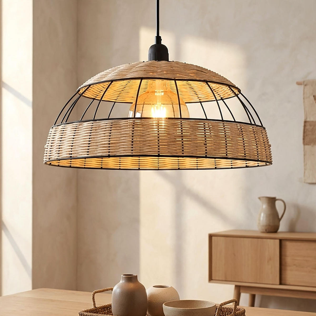 LED HÄNGELEUCHTE Rattan Braun Gitteroptik - Braun, Holz (40/40/120cm) - Globo Lighting
