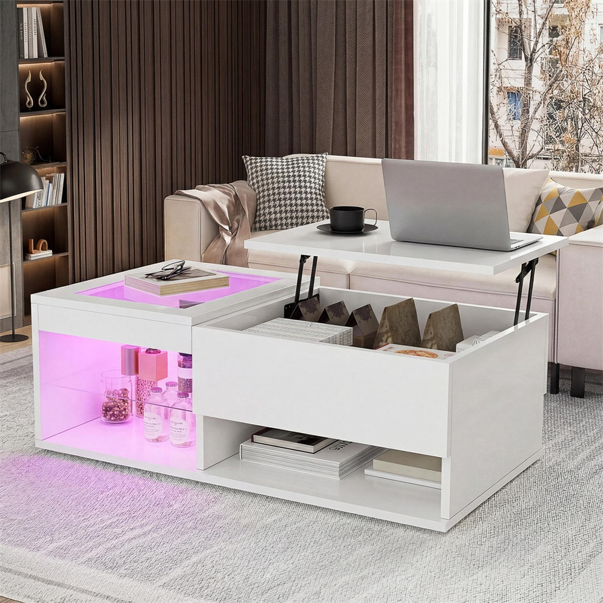 COUCHTISCH Rechteckig - Höhenverstellbarer Couchtisch mit LED - Hochglanz Lift-Top Tisch mit Glasablage - Weiß - Weiß, Holzwerkstoff (55/100/35cm) - DELFA