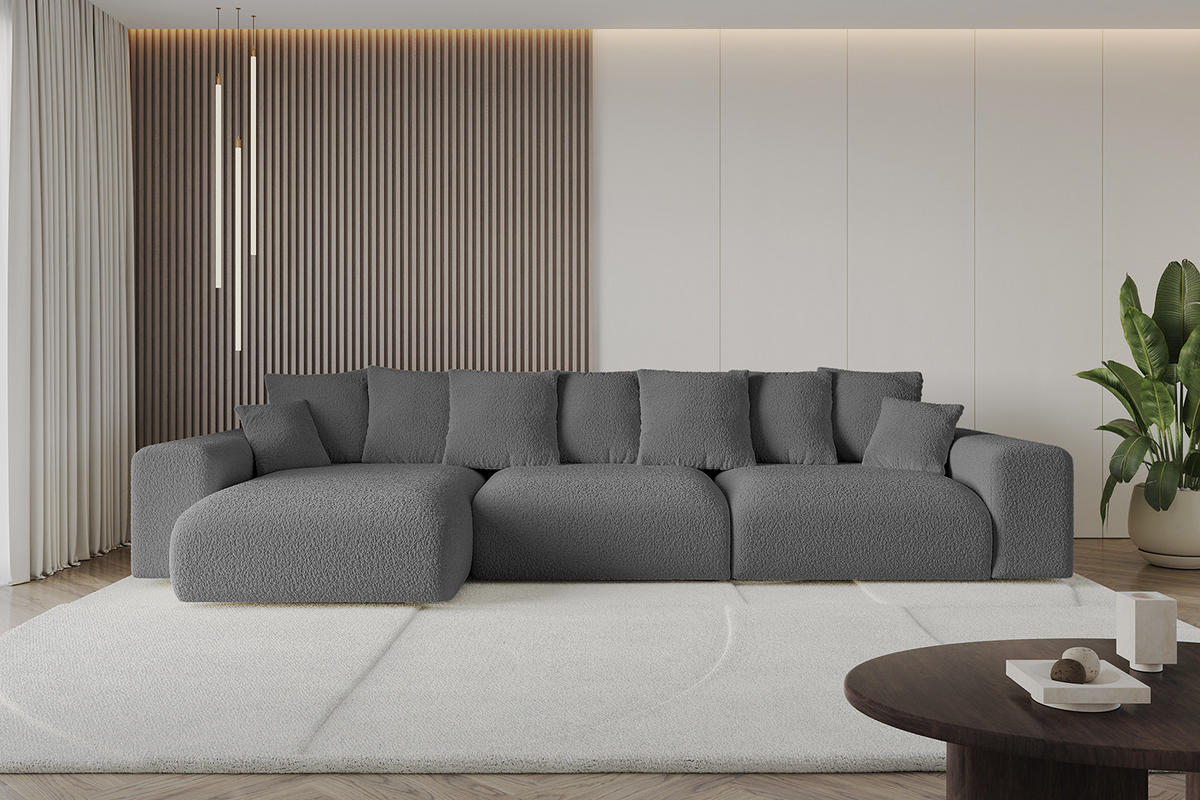 ECKSOFA Ottomane links ESKAR-L 364x176x84 Platinfarben Bouclé - Platinfarben/Schwarz, Holzwerkstoff/Kunststoff (364/176cm) - ALTDECOR