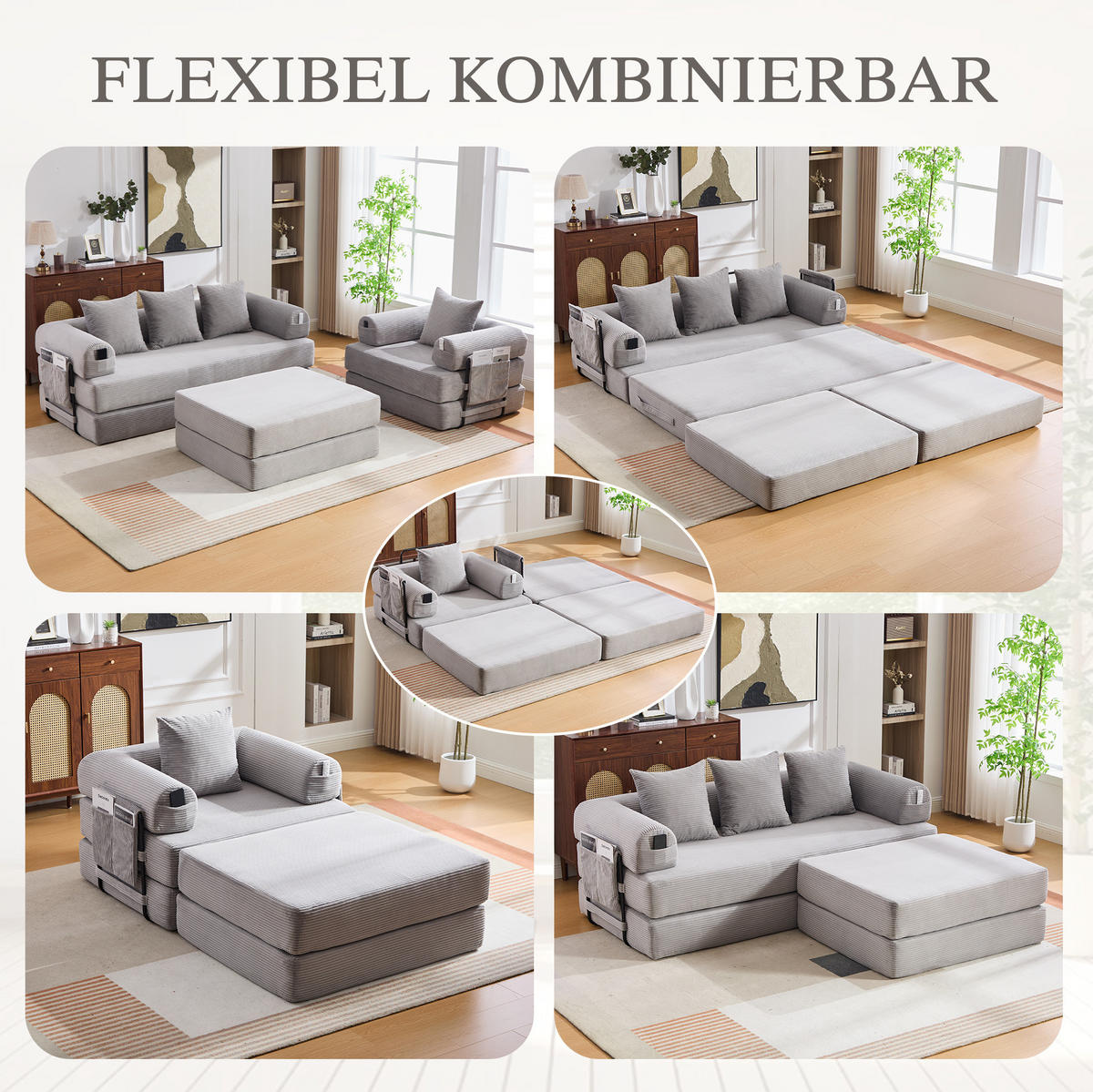 ECKSOFA aus Cord 200x94x67 cm Hellgrau mit Hocker, Metallrahmen und Seitentasche - Hellgrau, Textil (200/190cm) - Modfu