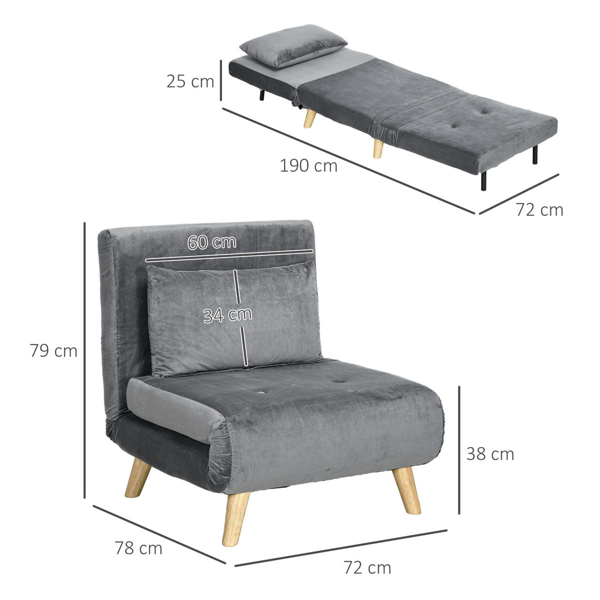 SCHLAFSESSEL, Samt, Gummiholz, Grau - Grau, Textil (78/79/72cm) - HOMCOM