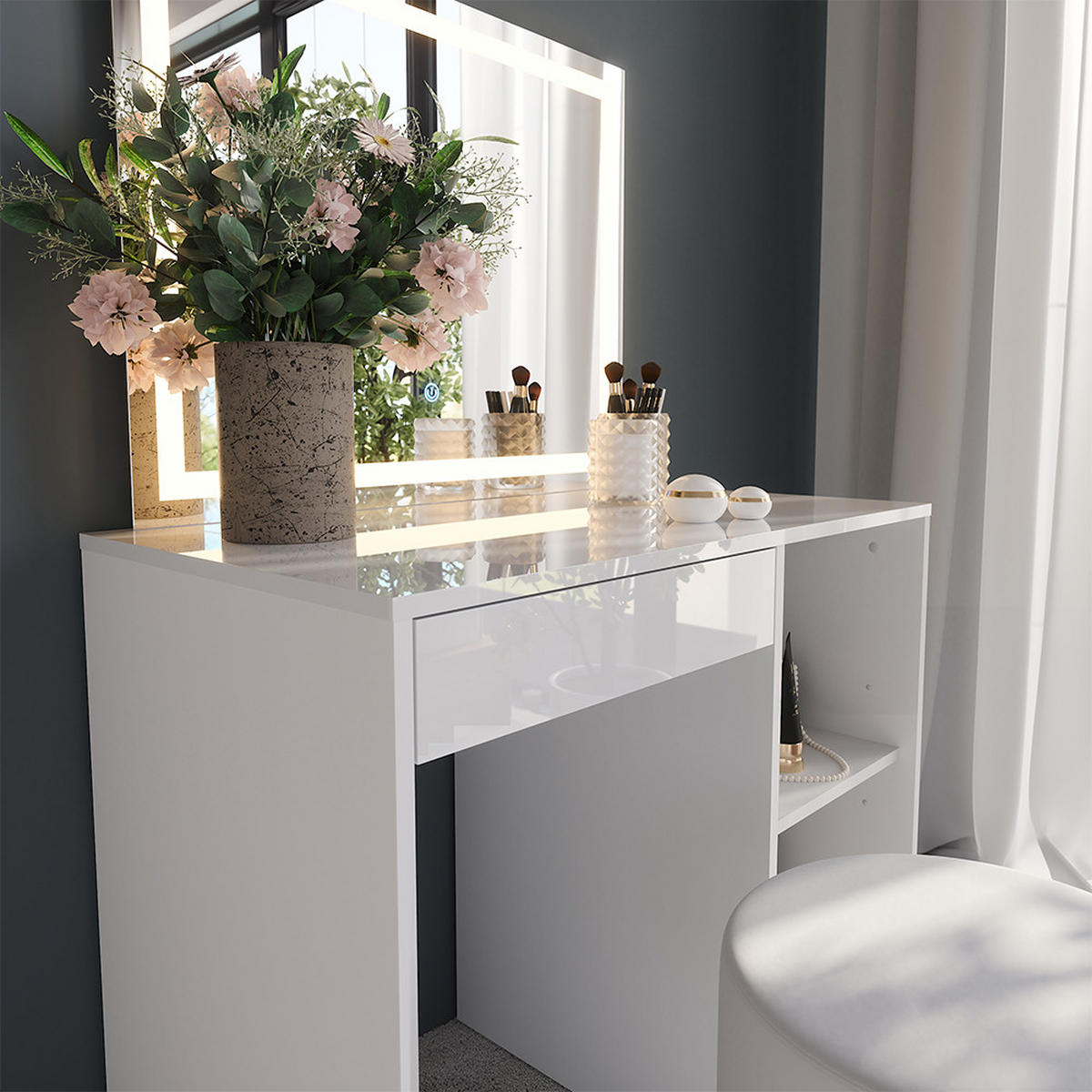 SCHMINKTISCH Sherry Weiß/Weiß Hochglanz 89.8 cm mit LED-Spiegel und Hocker - Weiß Hochglanz, Holzwerkstoff (89.8/76/50.1cm) - Vicco