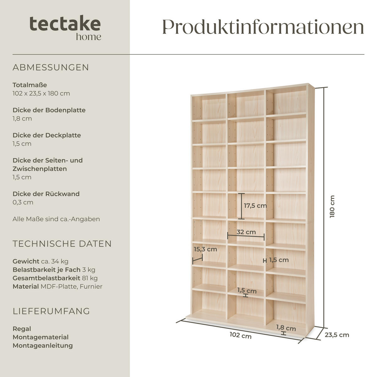 CD/DVD Regal Christel,180 x 102 x 23,5 cm,buche - Buchefarben, Holz (23.5/180/102cm) - tectake