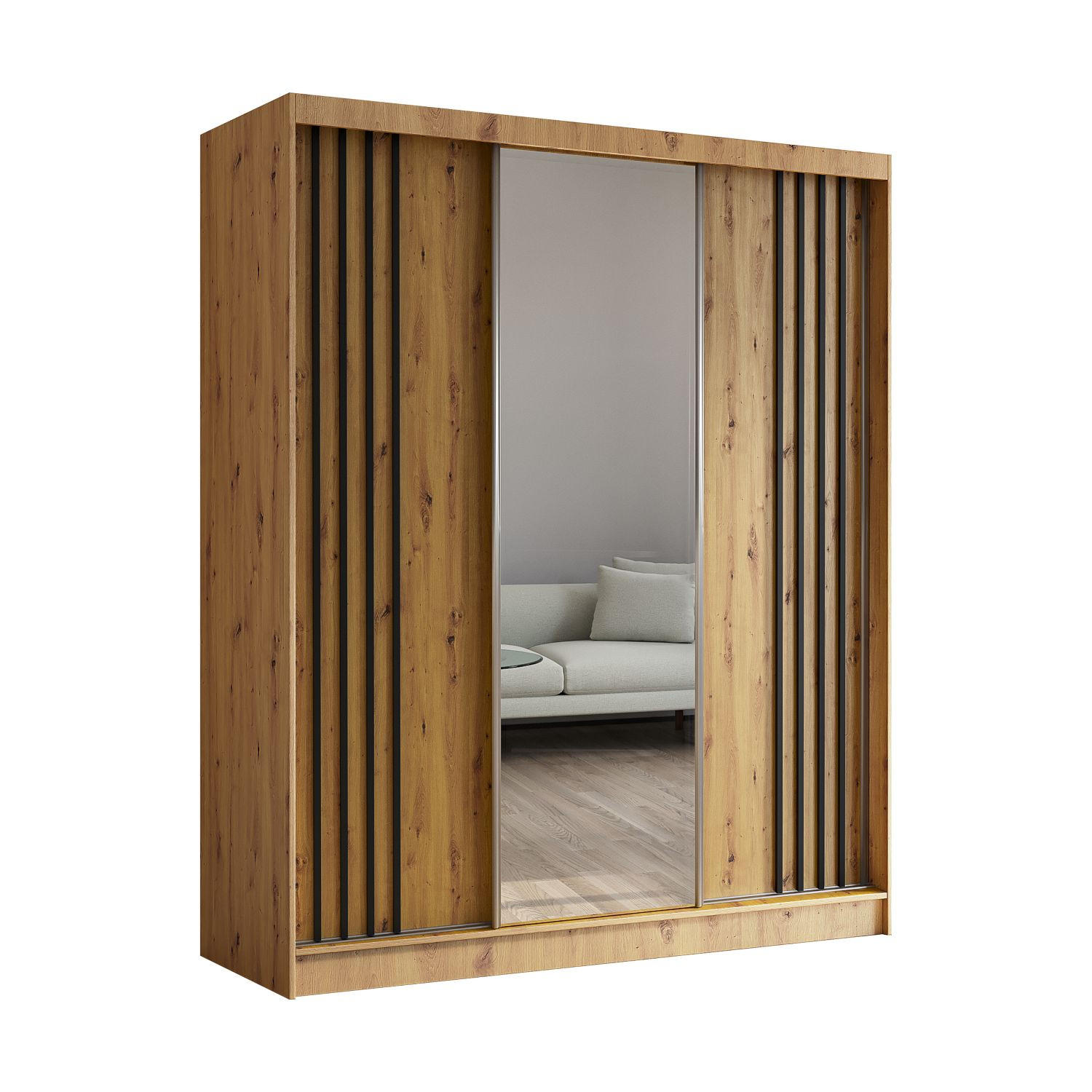 SCHWEBETÜRENSCHRANK Neli 180 cm mit Lamellen und Spiegel 3-türig, Artisan, Artisan, Lamelle schwarz - Schwarz/Braun, Kunststoff (180/216/61cm) - Margaret Hadas24