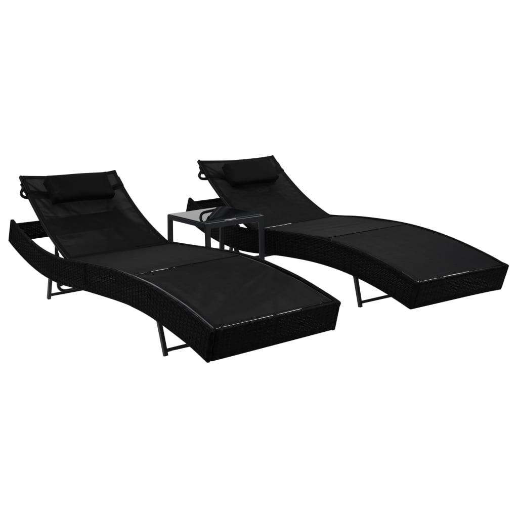 SONNENLIEGEN 2 Stk. mit Tisch Poly Rattan und - Schwarz, Kunststoff (70/91.5/213cm) - furnicato