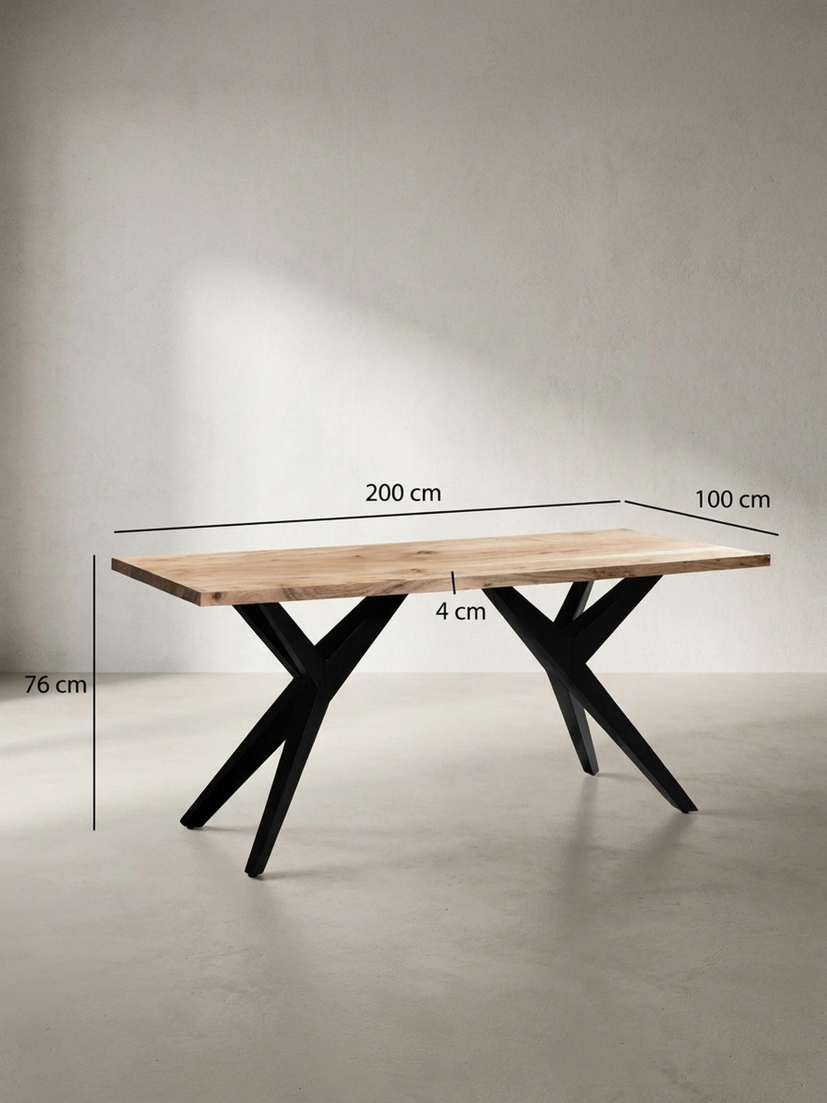 ESSTISCH Massivholz Metall Rechteckig Loft-Stil, Akazie 200x100x76 cm - Schwarz/Akaziefarben, Holz/Metall (100/200/76cm) - KADIMA DESIGN