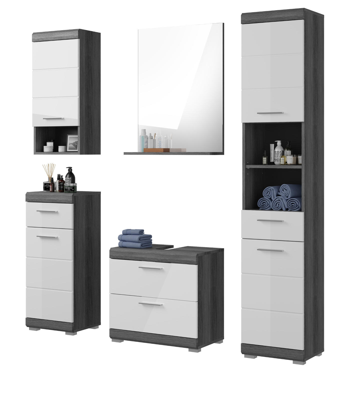 BADMÖBEL-SET weiß Hochglanz, grau 5-teilig 164 cm, Kombination mit viel Stauraum - Weiß Hochglanz/Grau, Holzwerkstoff (164/191/34cm) - Inn.Furn