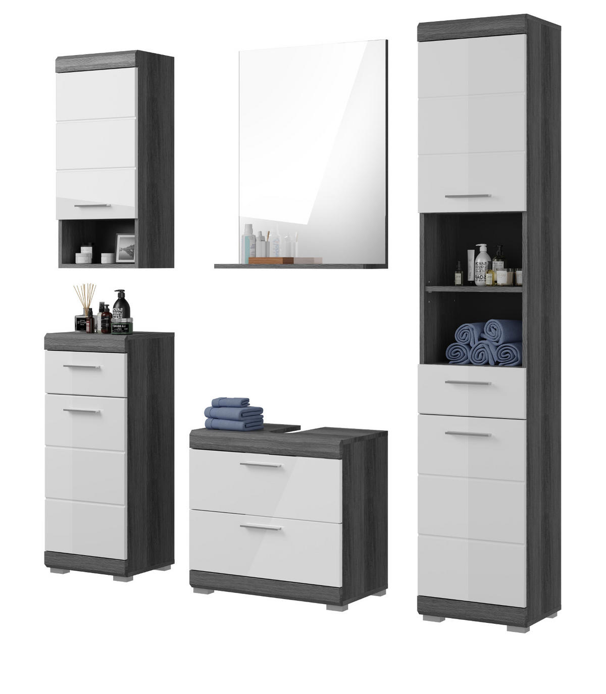BADMÖBEL-SET weiß Hochglanz, grau 5-teilig 164 cm, Kombination mit viel Stauraum - Weiß Hochglanz/Grau, Holzwerkstoff (164/191/34cm) - Inn.Furn