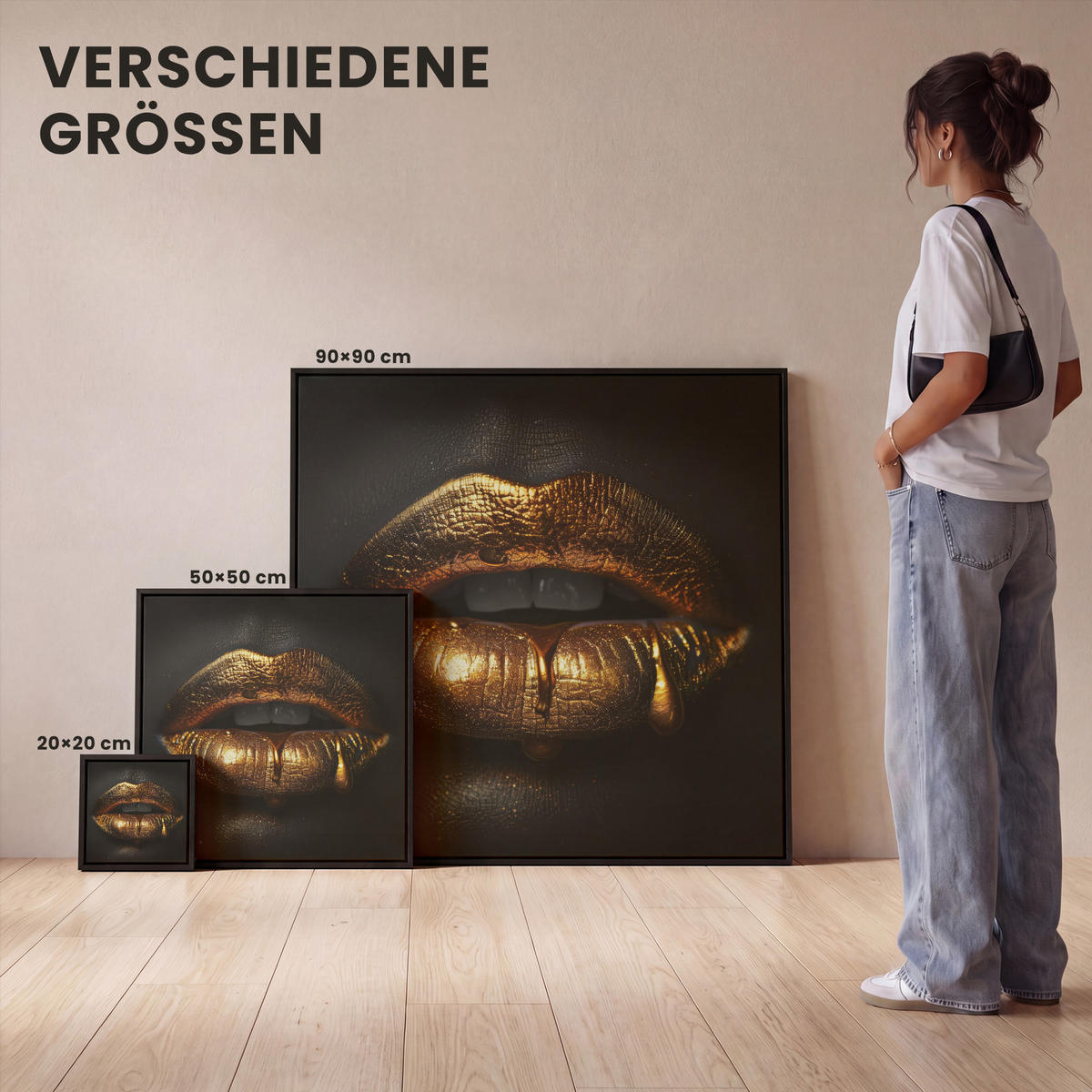 LEINWAND Bilder mit Rahmen - Frau - Porträt - Lippen - Gold - Schwarz - 50x50 - Schwarz, Textil (50/50cm) - MuchoWow
