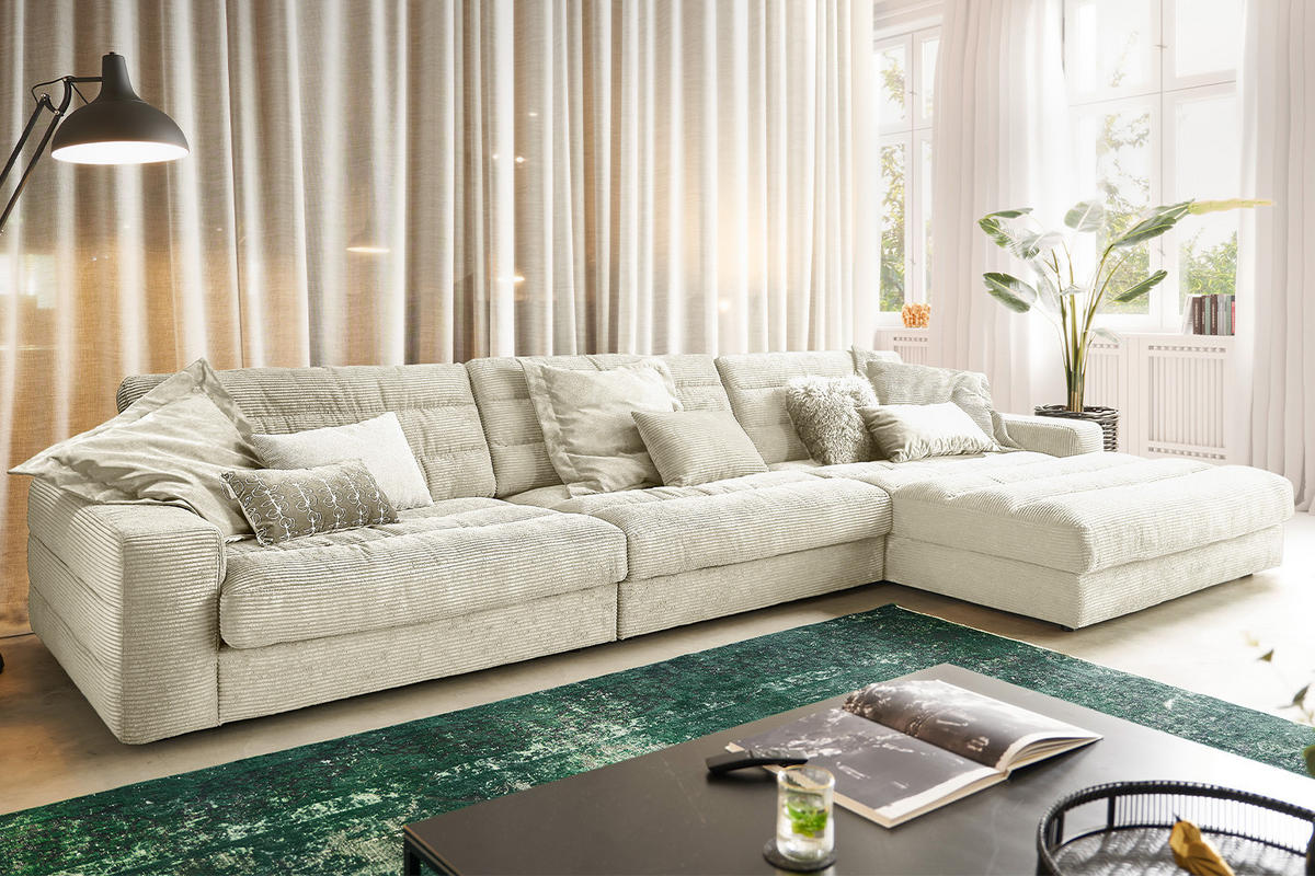 ECKSOFA XL LANA Cremeweiß Cord - Creme/Schwarz, Textil (416/205cm) - KAWOLA