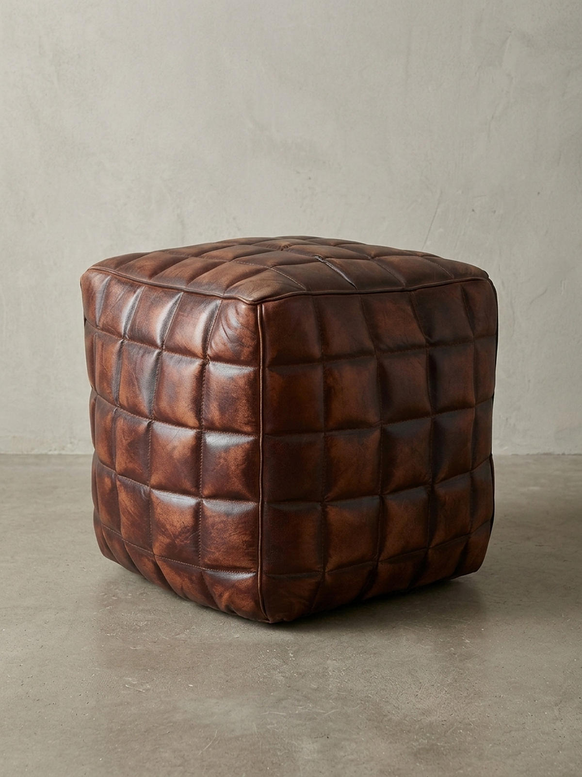 SITZHOCKER – Echtleder, 41x39x39 cm, abgesteppte Quadrate, Used-Look - Braun, Leder (39/41/39cm) - KADIMA DESIGN