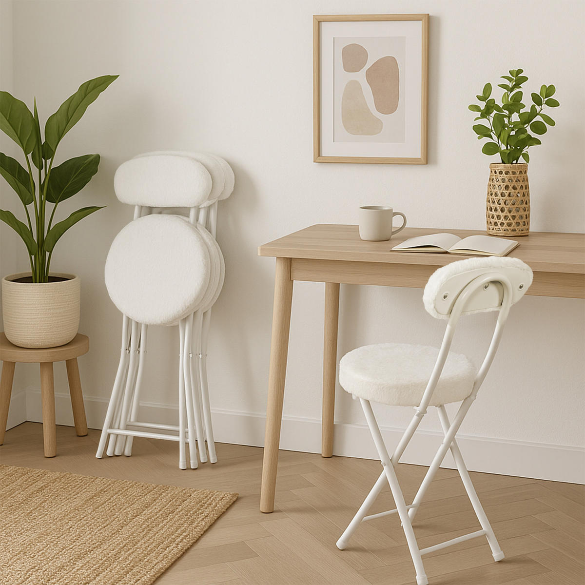 KLAPPSTÜHLE, 4er-Set, mit Rückenlehne und rundem Kunstfell-Sitzkissen, faltbar, Weiß - Weiß, Textil/Metall (24.5/75/35cm) - Meubles Cosy