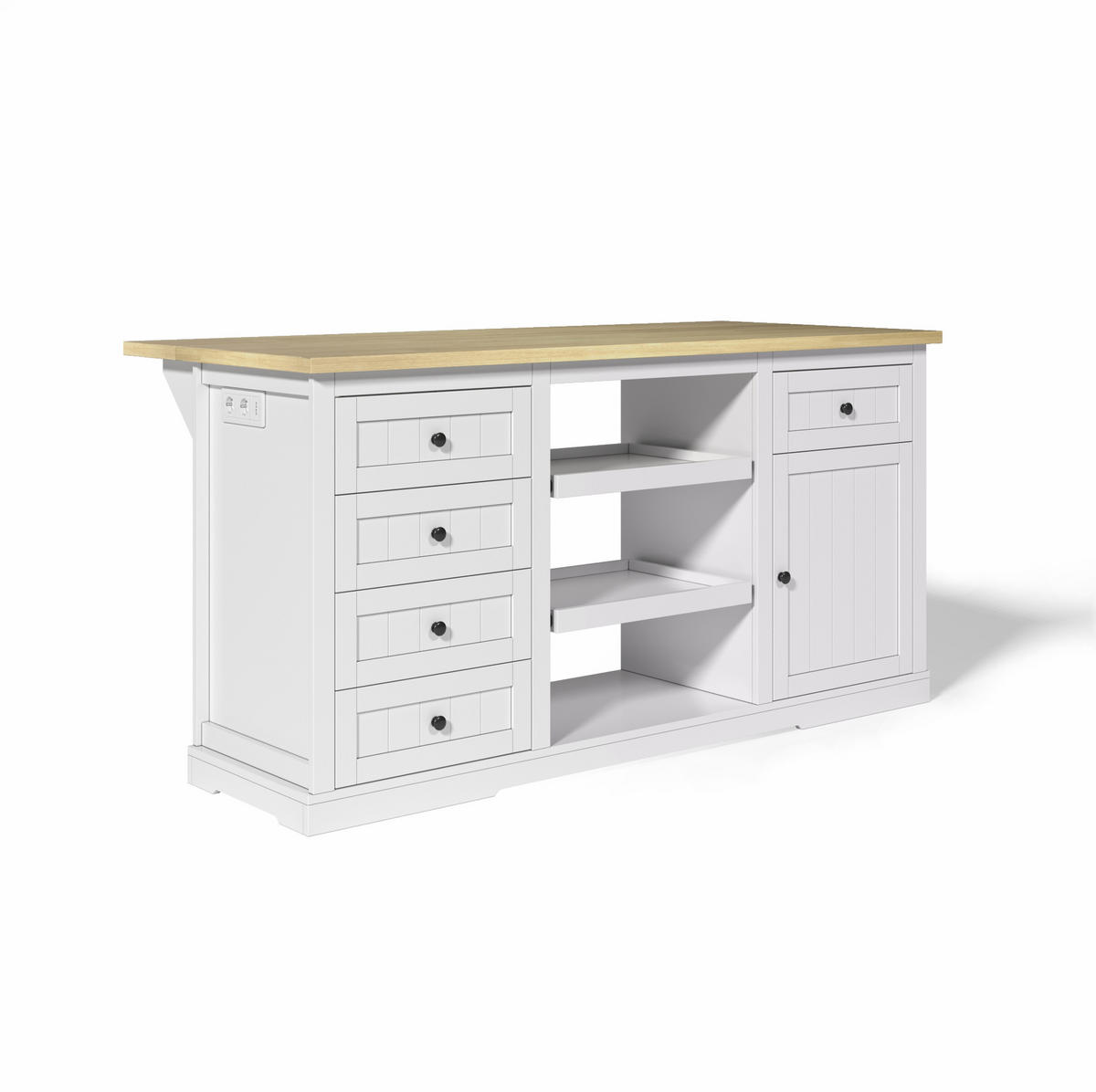 SIDEBOARD mit 5 Schubladen, 2 Ausziehböden und klappbarer Erweiterungsplatte, integrierte Steckdosen, 150/65/75 cm, Weiß und Natur - Weiß, Holzwerkstoff (150/75/65cm) - Redom