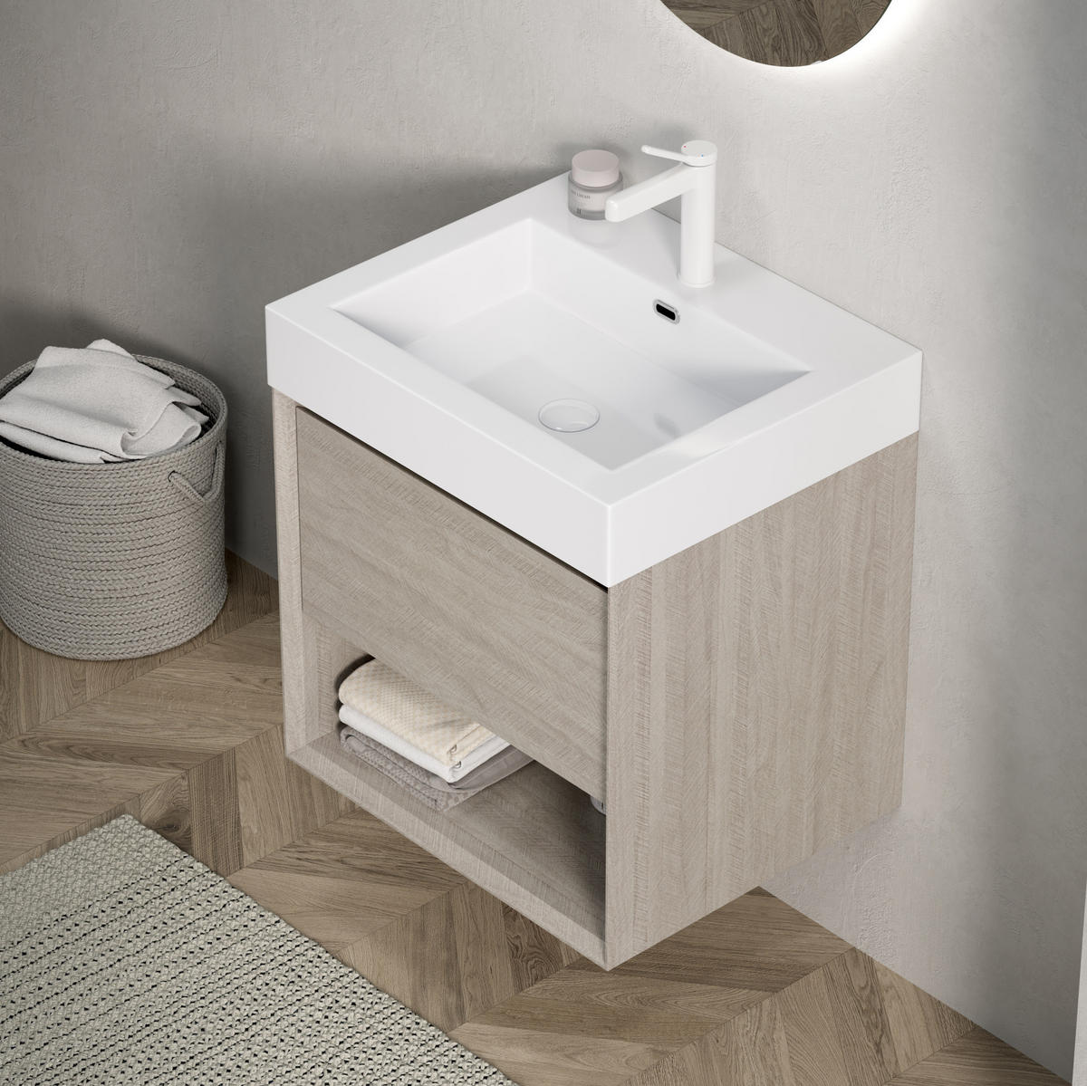 WASCHTISCHUNTERSCHRANK 55 cm mit Mineralgussbecken Light Oak/White - Weiß, Holzwerkstoff (46/60/55cm) - Beauniv