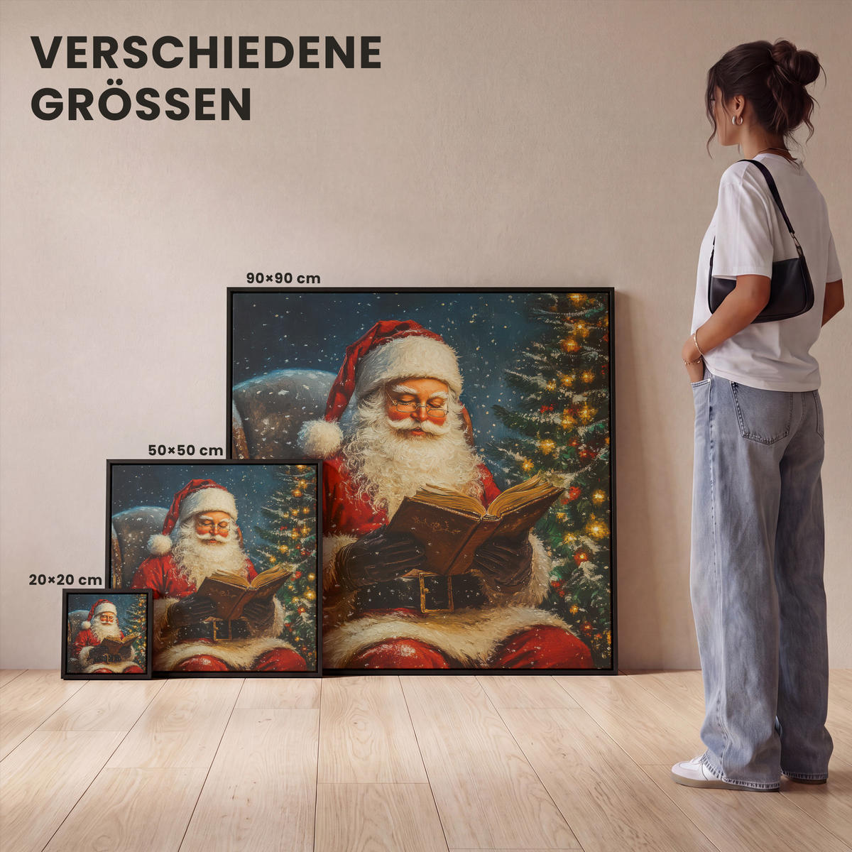LEINWAND Bilder mit Rahmen - Weihnachtsmann - Weihnachten - Winter - Weihnachtsbaum - 20x20 - Bordeaux, Textil (20/20cm) - MuchoWow