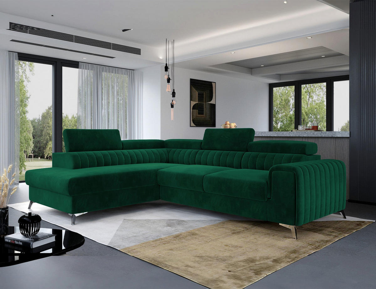 ECKSOFA Laurence mit Schlaffunktion & Bettkasten – 278 x 205 cm, verstellbare Kopfstützen - Grün, Kunststoff (278/205cm) - Wohnideebilder