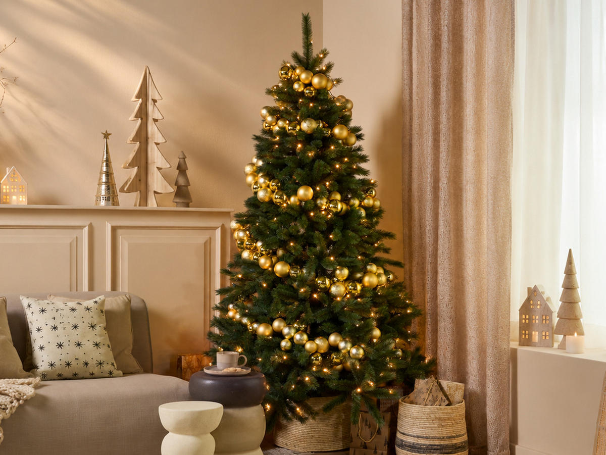 WEIHNACHTSBAUM künstlicher 180 cm – KÖNIGSGOLD II, geschmückt mit 240-teiligem Weihnachtsbaumschmuck, inkl. Ständer - Goldfarben/Grün, Kunststoff/Metall (119/180cm) - LAALU