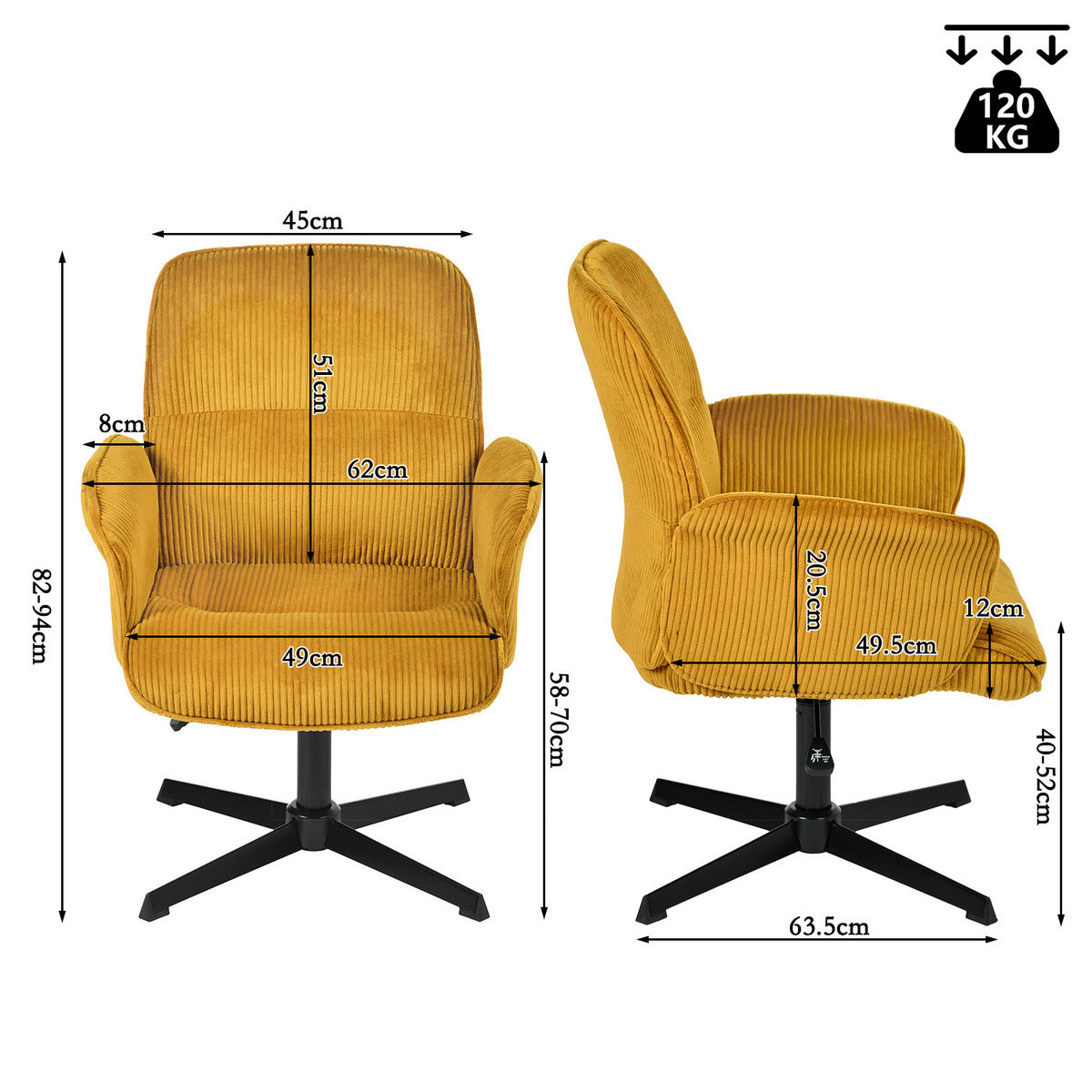 DREHSTUHL in Gold Cord - Gelb, Metall (61.5/93/59.5cm) - Meubles Cosy