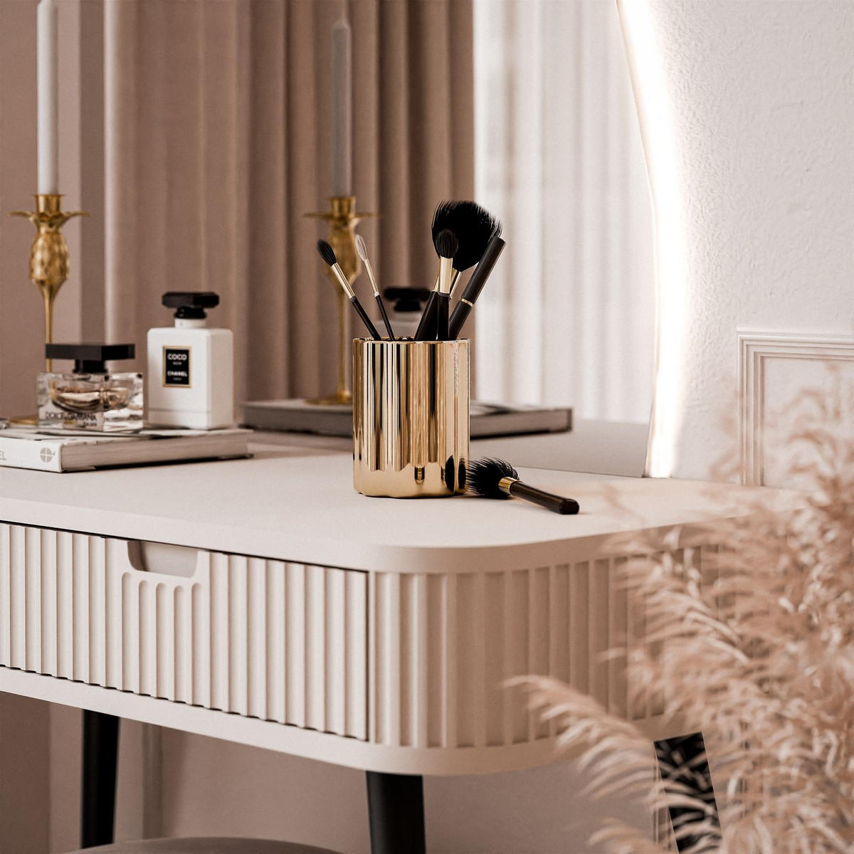 SCHMINKTISCH ZAIRA-QS mit LED Spiegel Rechte Kaschmir - Kaschmir, Holzwerkstoff (103/80/49cm) - Lookway