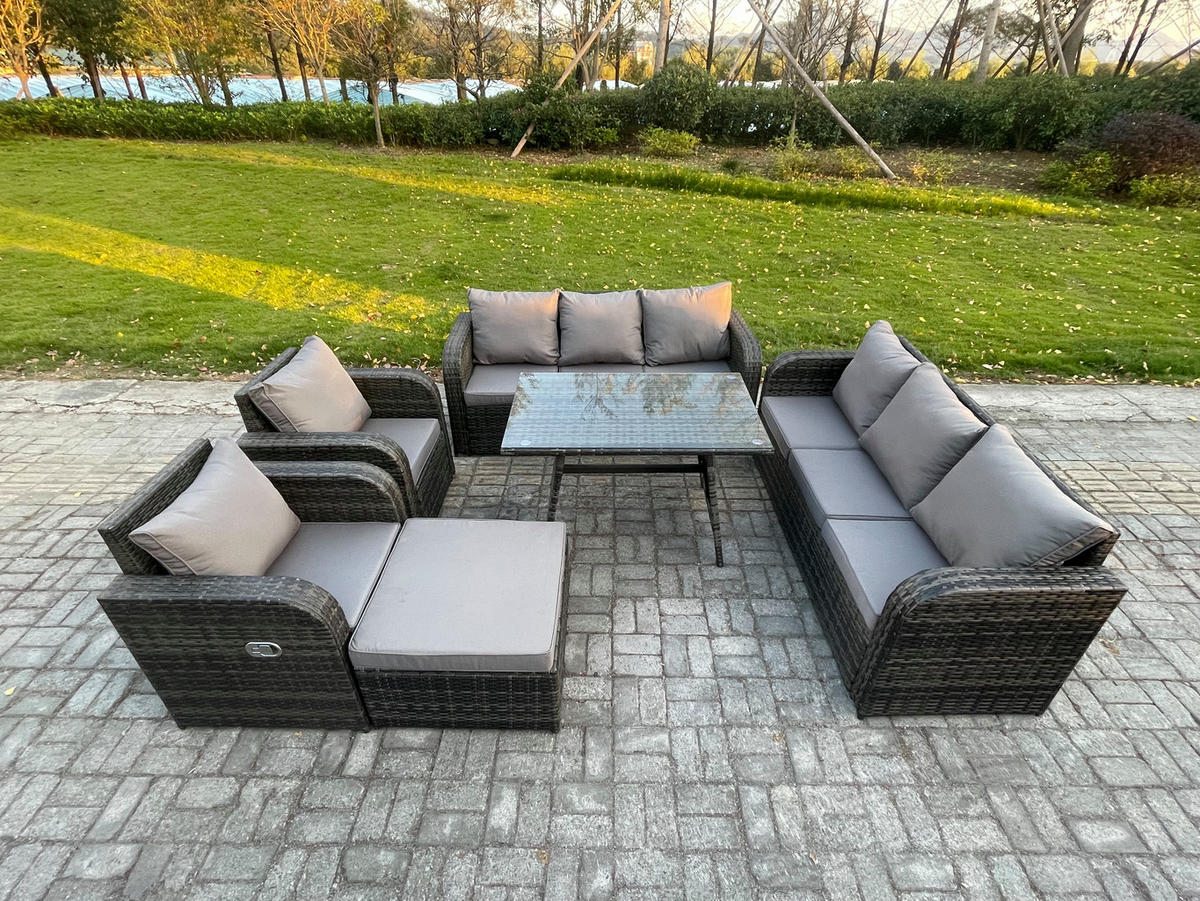 GARTENSET Hohe Rückenlehne Polyrattan 9-Sitzer - Dunkelgrau/Grau, Glas/Kunststoff - Fimous