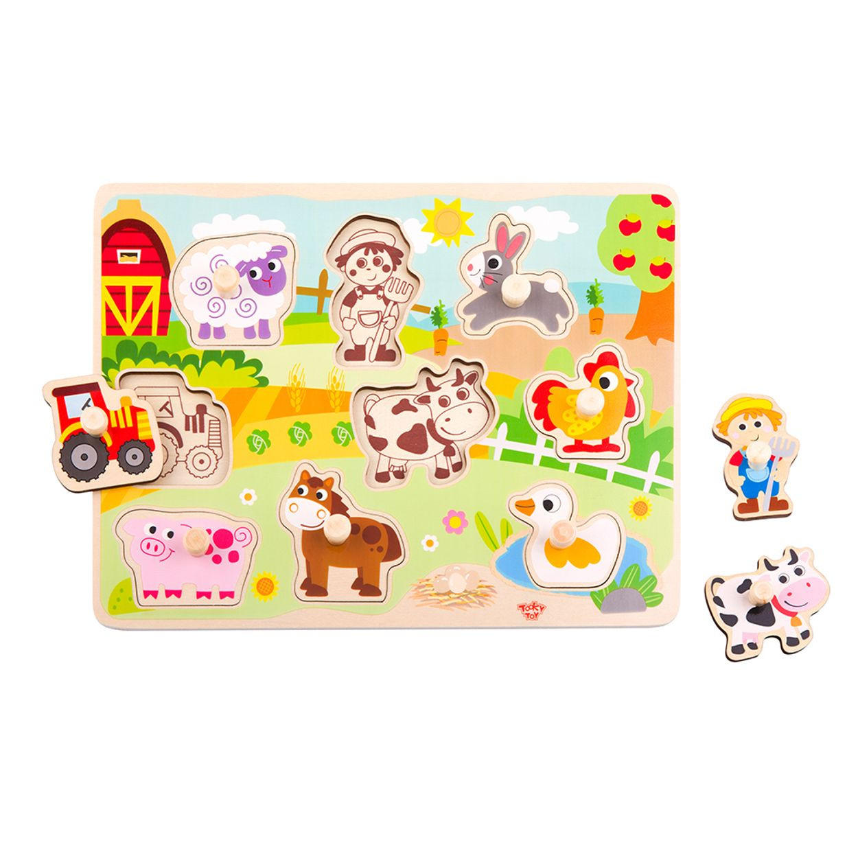 HOLZPUZZLE Farm TY858 bunt Holz, 10-teilig, Bauernhof, Traktor, Tiere, Griff-Puzzleteile - Multicolor, Holz (22/30cm) - Tooky Toy