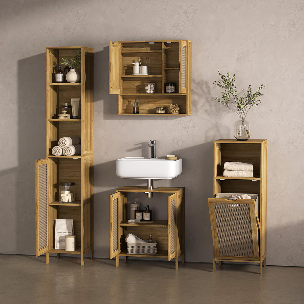 KOPALNIŠKA OMARICA Mincio, Bambus, 36 x 98 cm s košaro za perilo - naravne barve, leseni material (36/98/33cm) - Livinity®