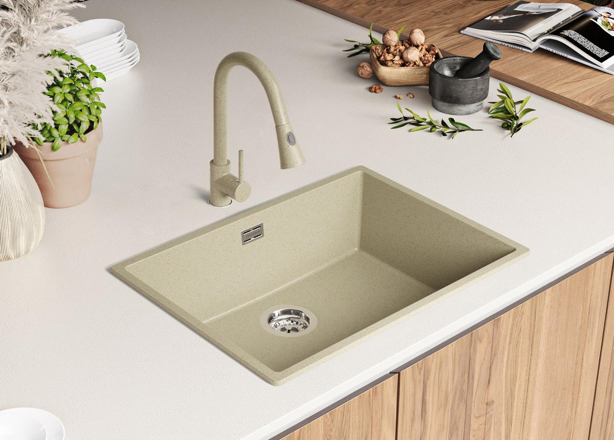 GRANITSPÜLE London Slim, 2-er set Beige 66/47 cm 1 Becken + Küchenarmatur 40/20 cm + Ablauf-Set ab 70er Unterschrank - Beige, Kunststoff (66/20/47cm) - Primagran