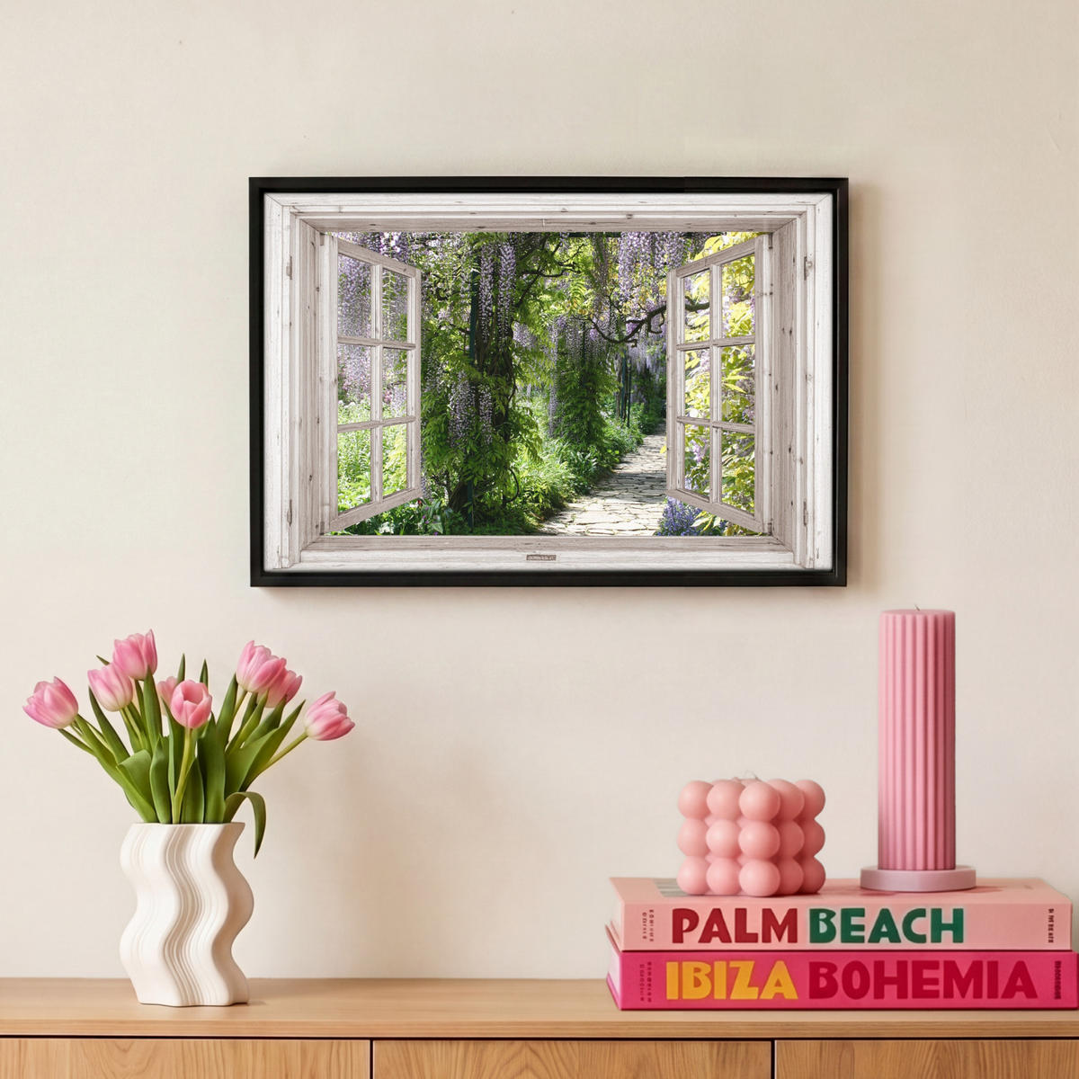 LEINWAND Bilder mit Rahmen - Blauer Regen - Blumen - Aussicht - Baum - Frühling - 30x20 - Grün, Textil (30/20cm) - MuchoWow