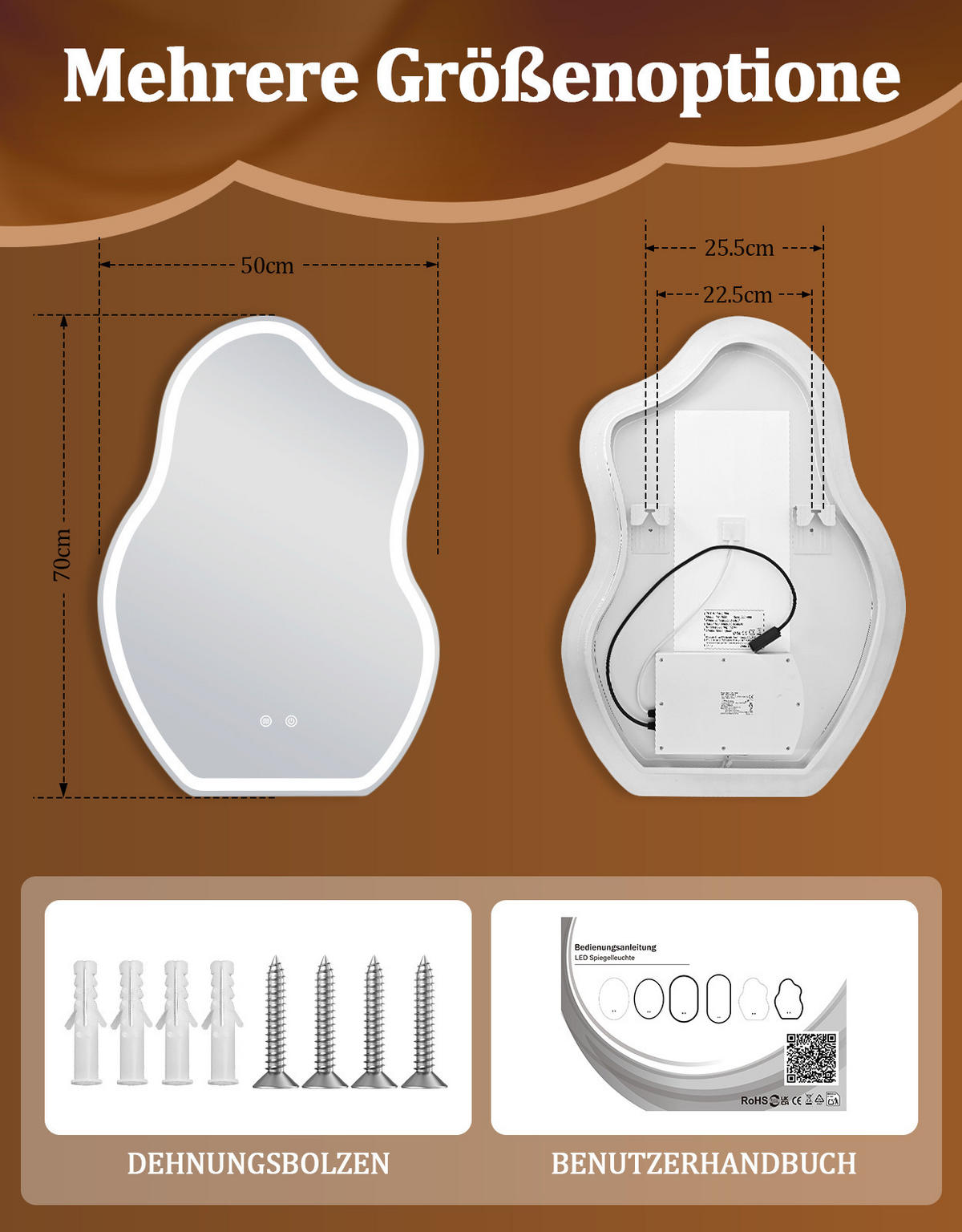 BADSPIEGEL mit Beleuchtung Jarwen 3.4/50/70 cm - Weiß, Glas (50/70/3.4cm) - ZMH