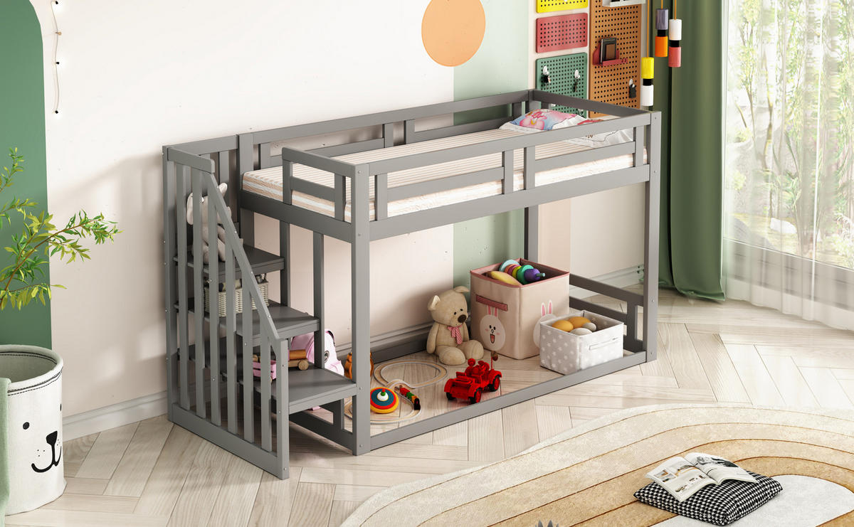 ETAGENBETT 90x200 cm niedrig Treppe grau - Grau, Holz (90/200cm) - LEBENLANG