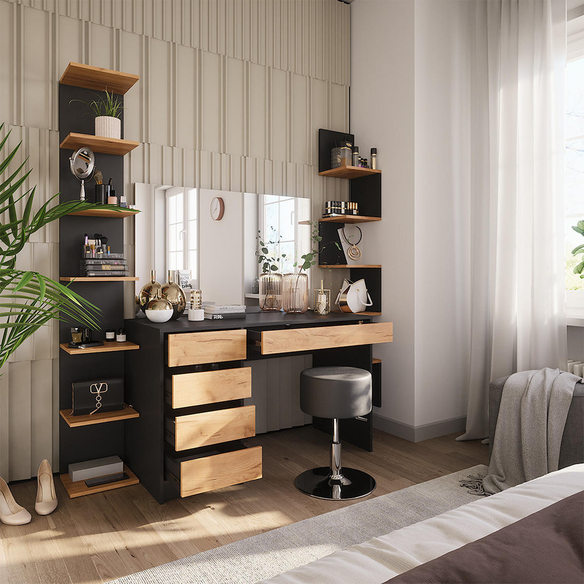 SCHMINKTISCH Sherry Anthrazit 120 x 75 cm mit Spiegel und Hocker - Honigeiche/Anthrazit, Holzwerkstoff (120/75/55cm) - Vicco