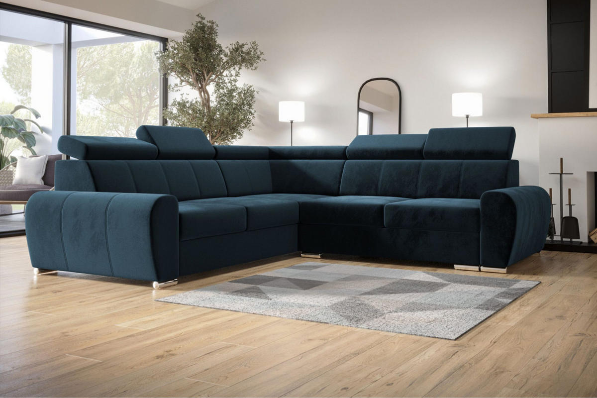 ECKSOFA APOLLO,mit Schlaffunktion und Bettkasten, Farbe: Blau, Velourstoff, Ottomane Links - Blau, Textil (255/255cm) - O-Sofa
