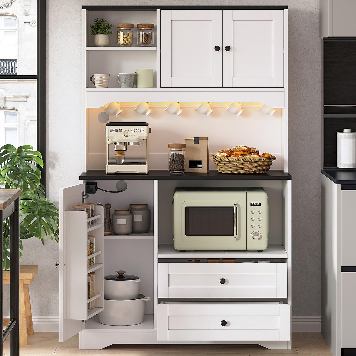 BUFFET DE-38741 100/40/163 cm LED-Beleuchtung und Mikrowellenfach Weiß - Weiß, Holzwerkstoff (100/163/40cm) - ComfortXL
