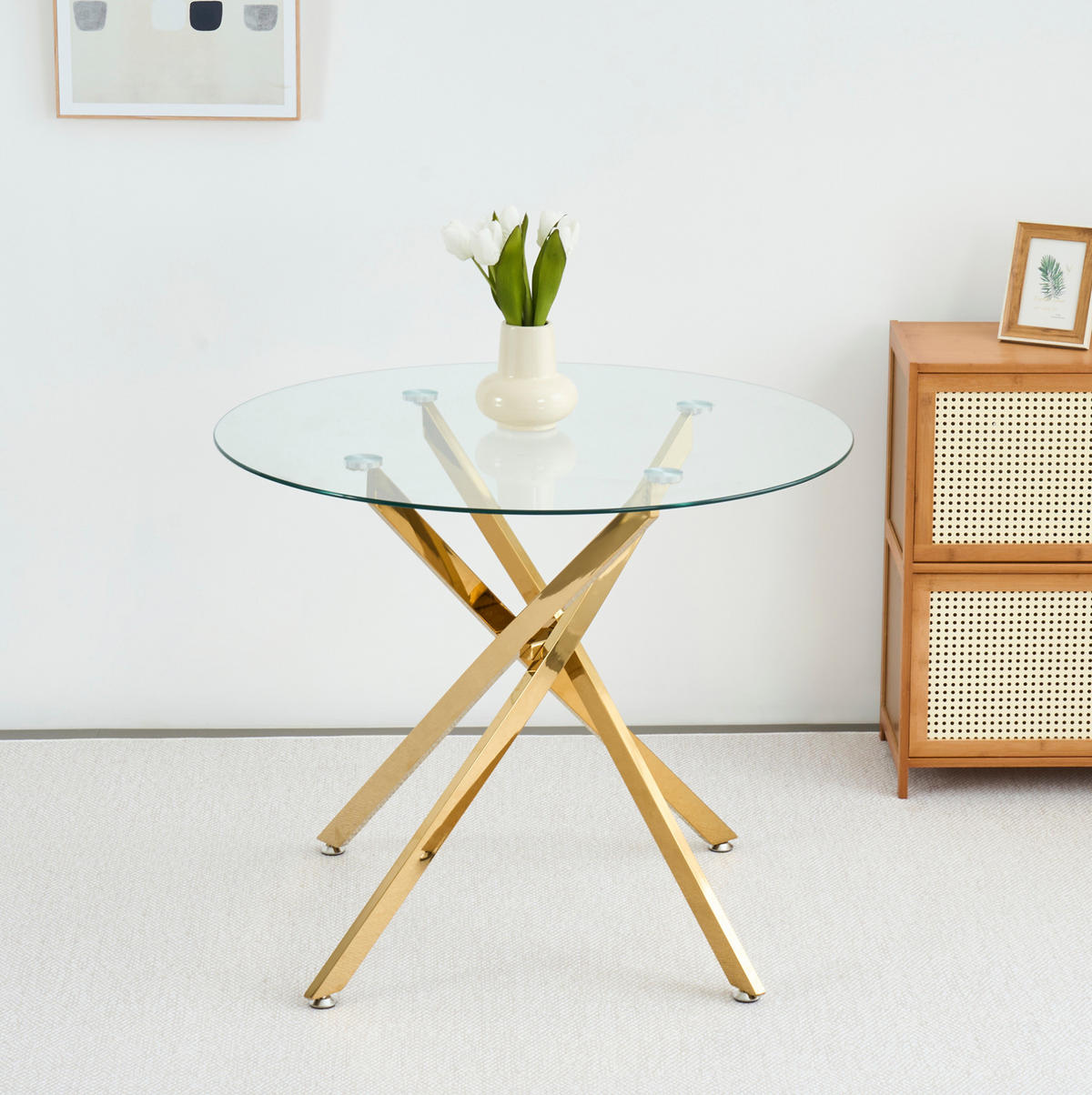 ESSTISCH rund 80/80/76 cm aus Glas und Metall in Gold - Goldfarben, Metall (80/80/76cm) - Flora Grace
