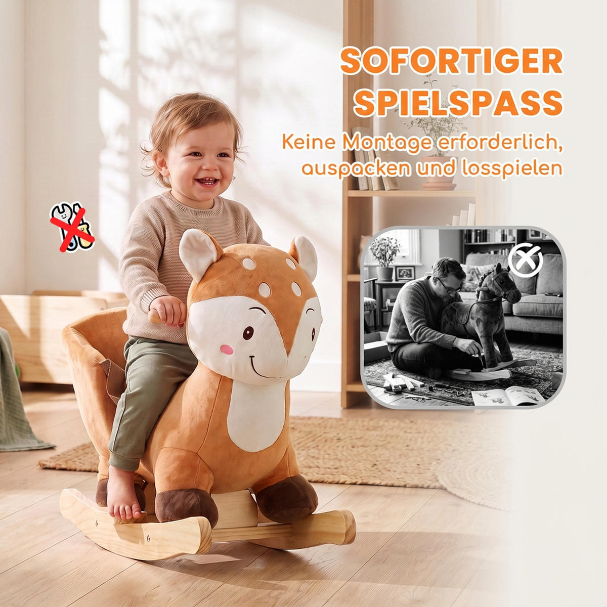 KINDER-SCHAUKELPFERD Holz Plüsch PP-Baumwolle Braun - Braun, Holz (32/49/60cm) - AIYAPLAY