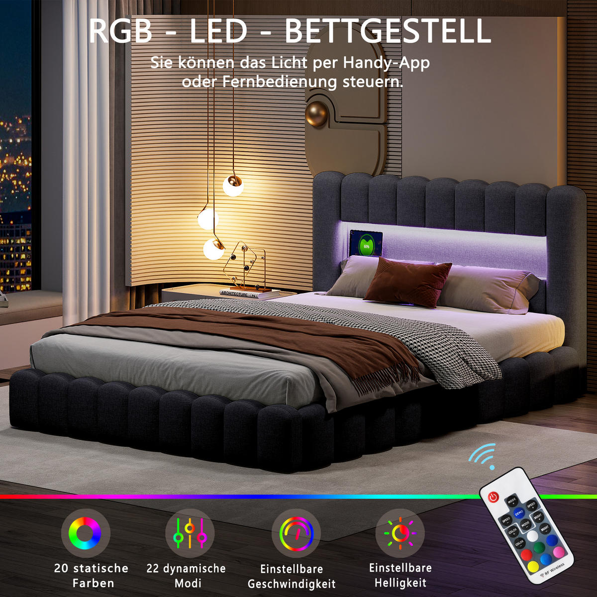 POLSTERBETT 140x200 cm, Grau, mit USB, LED - Grau, Textil/Metall (140/200cm)