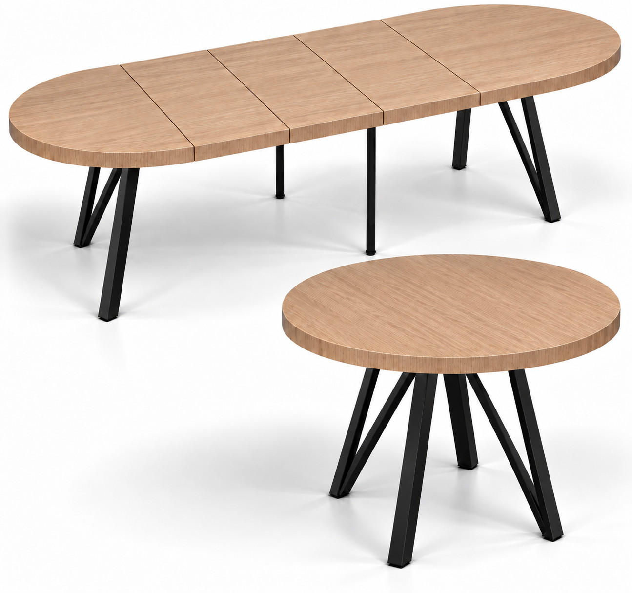 ESSTISCH rund ausziehbar 100/300/76 cm, Hellbraun Eiche Hikora Egger, 54 cm Tischplatte + Industrial Metallgestell Schwarz - Hellbraun/Eichefarben, Holzwerkstoff/Metall (100/300/76cm) - Damale Möbel